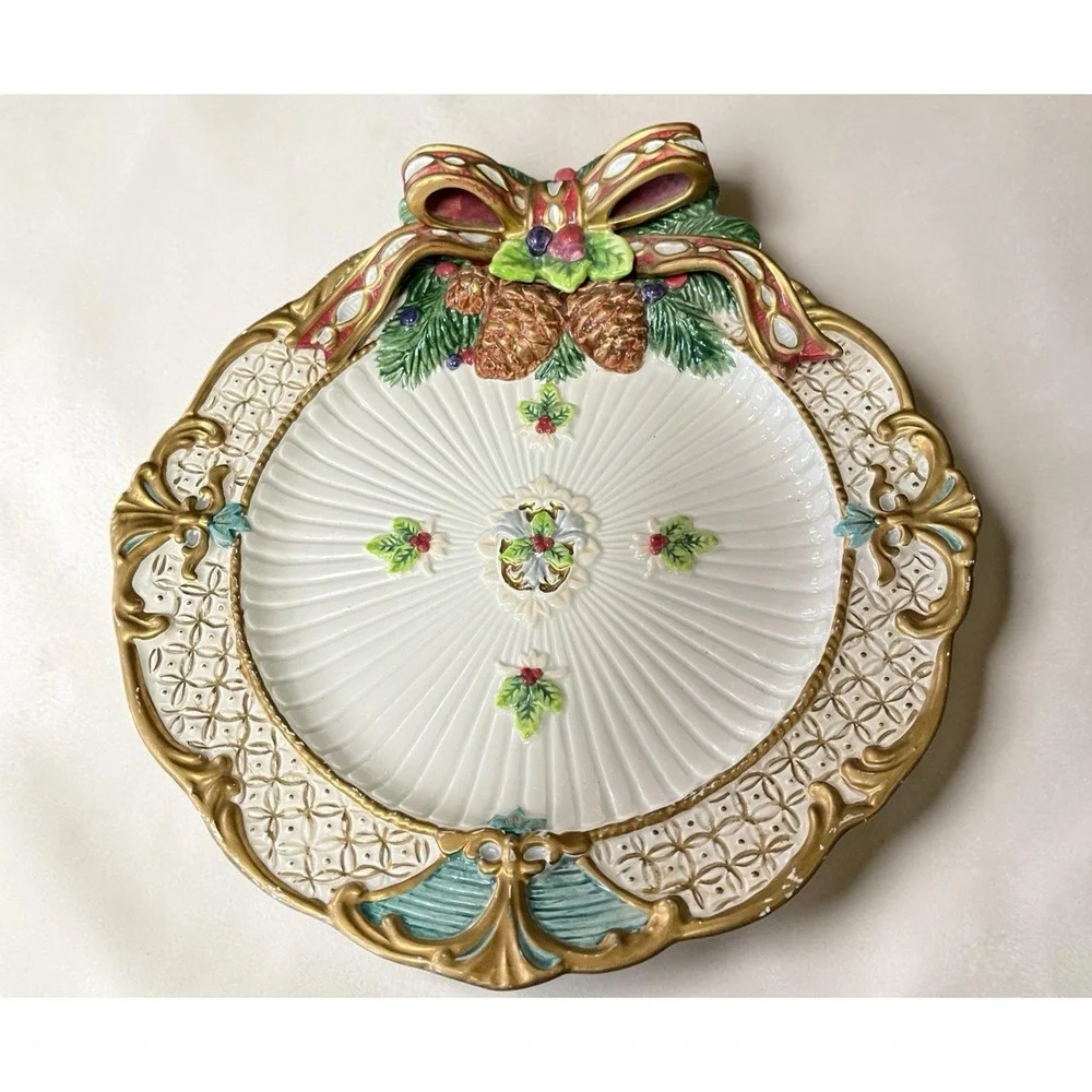 Fitz & Floyd Classics Florentine Canape Snack Plate Christmas Holly Bow Pinecone